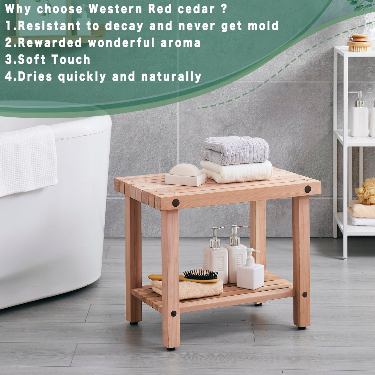 bingaai Cedar Wood Shower Bench 22" - Strong, Soft, Insulating, and Elegant Bathroom Bench for Comfortable Showers and Storage, Cedar Sauna Bench, Perfect for Spa, Patio & Garden Use bingaai