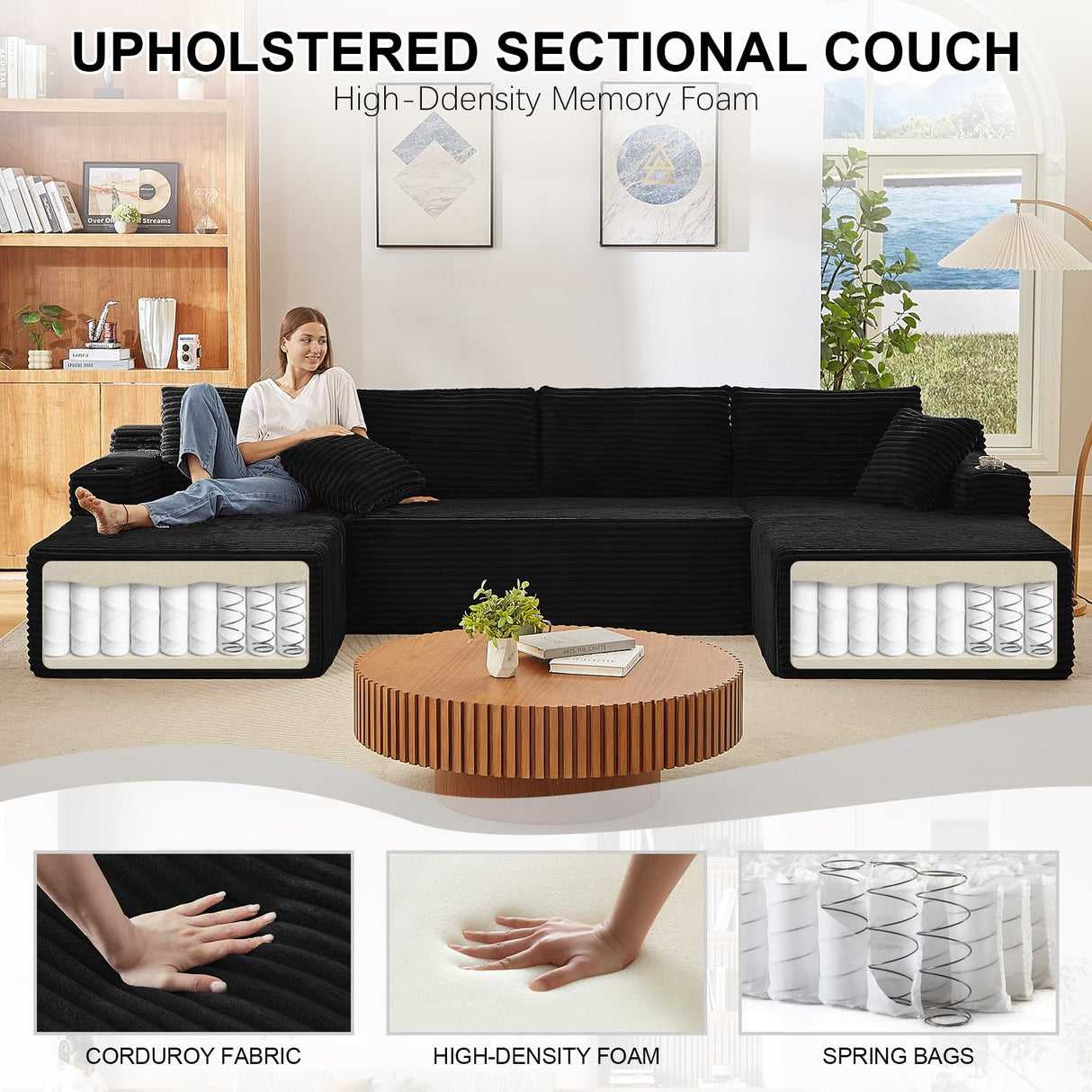 134 Inch U-Shaped Sectional Couch, Oversized Modular Corduroy Sofa with Double Chasies, 4-Seater Modern Deep Seat Boneless Cloud Couch for Living Room, No Assembly Required, Black GUANGHONG