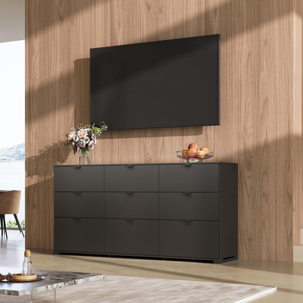 WLIVE 9 Drawer Dressers, Modern Large Wood Dresser Chest for Bedroom Organize with Sturdy Metal Handle, TV Stand for 75 inch TV, Living Room Office, Hallway, Ball Bearing Slide, Black (63" W) WLIVE