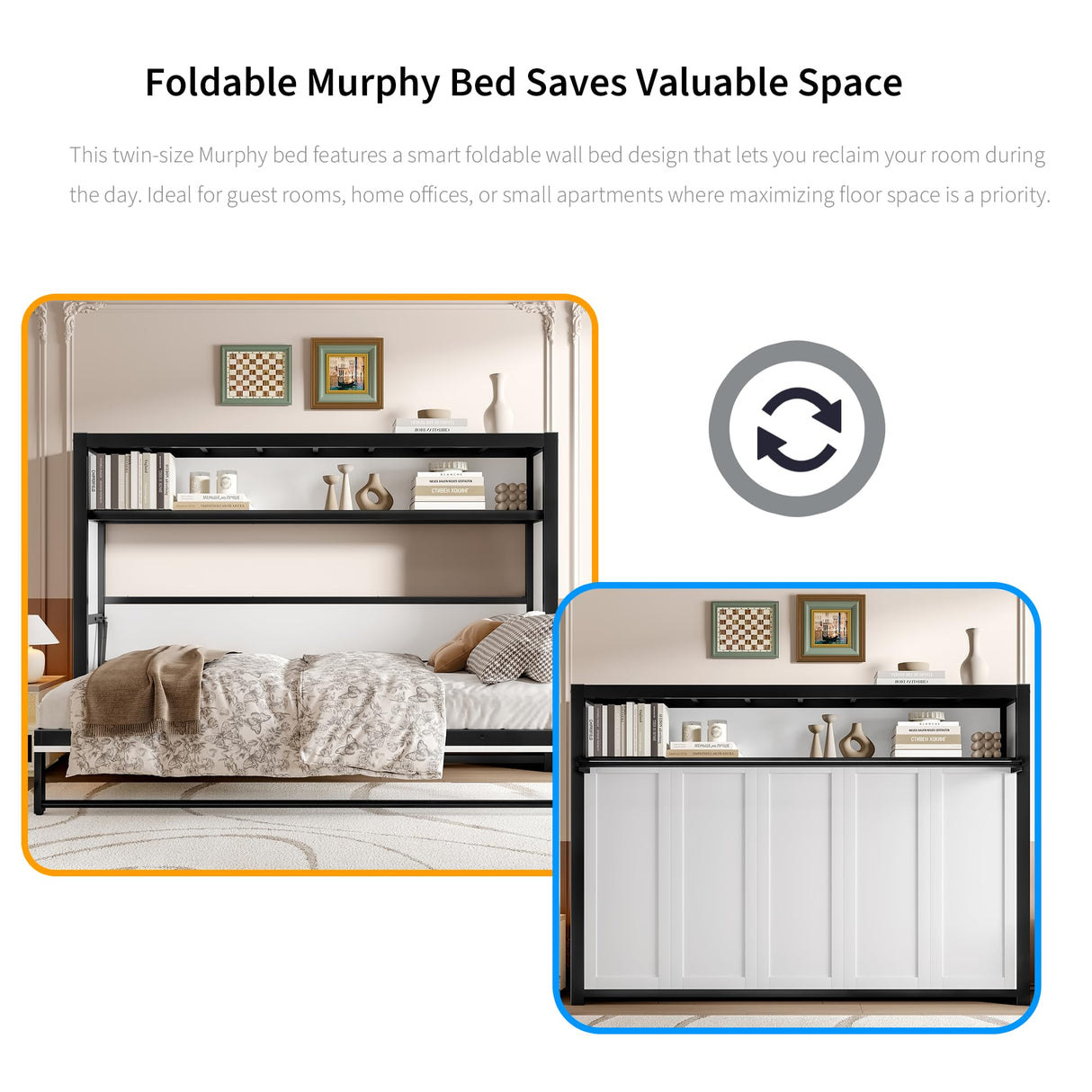 Polibi Twin Murphy Bed with Built-in Storage Shelf, Space-Saving Foldable Metal Wall Bed Frame for Small Spaces,Guest Room & Home Office,White Polibi