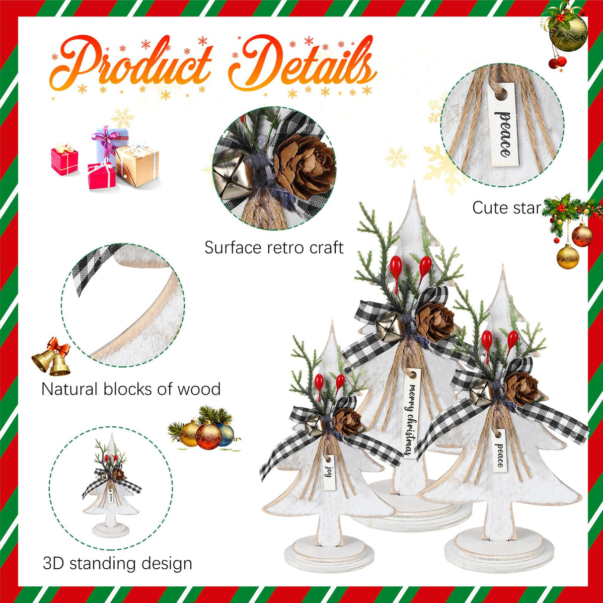 Soaoo 3 Pcs Wooden Christmas Trees Tabletop Decoration Rustic Wood Christmas Trees Xmas Centerpieces Freestanding Table Farmhouse Xmas Centerpiece for Table Home Decor (Red Berry,Large) Soaoo