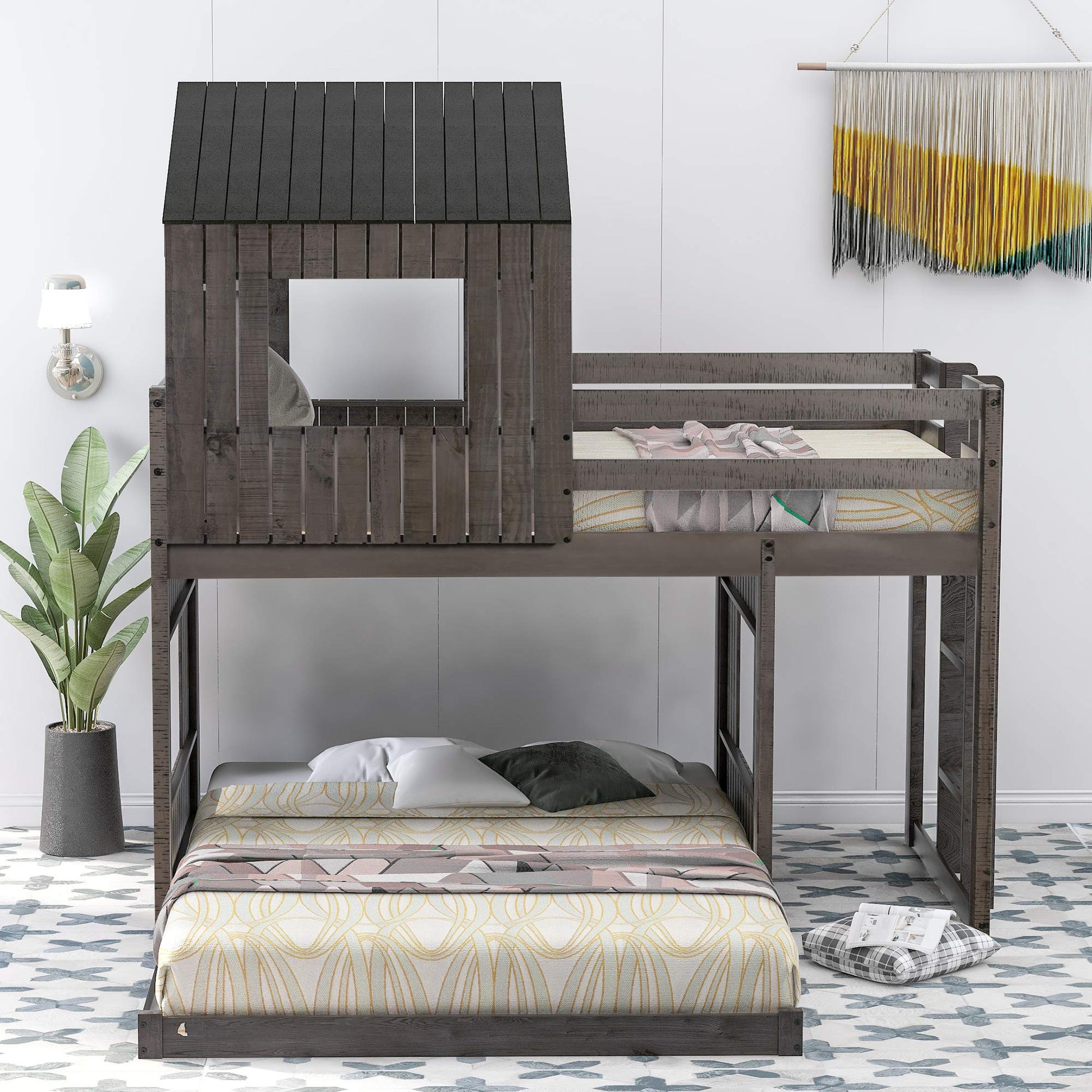 Okak House Antique Grey Twin Over Full Bunk Bed with Ladder and Safety Guardrails - WoodArtSupply