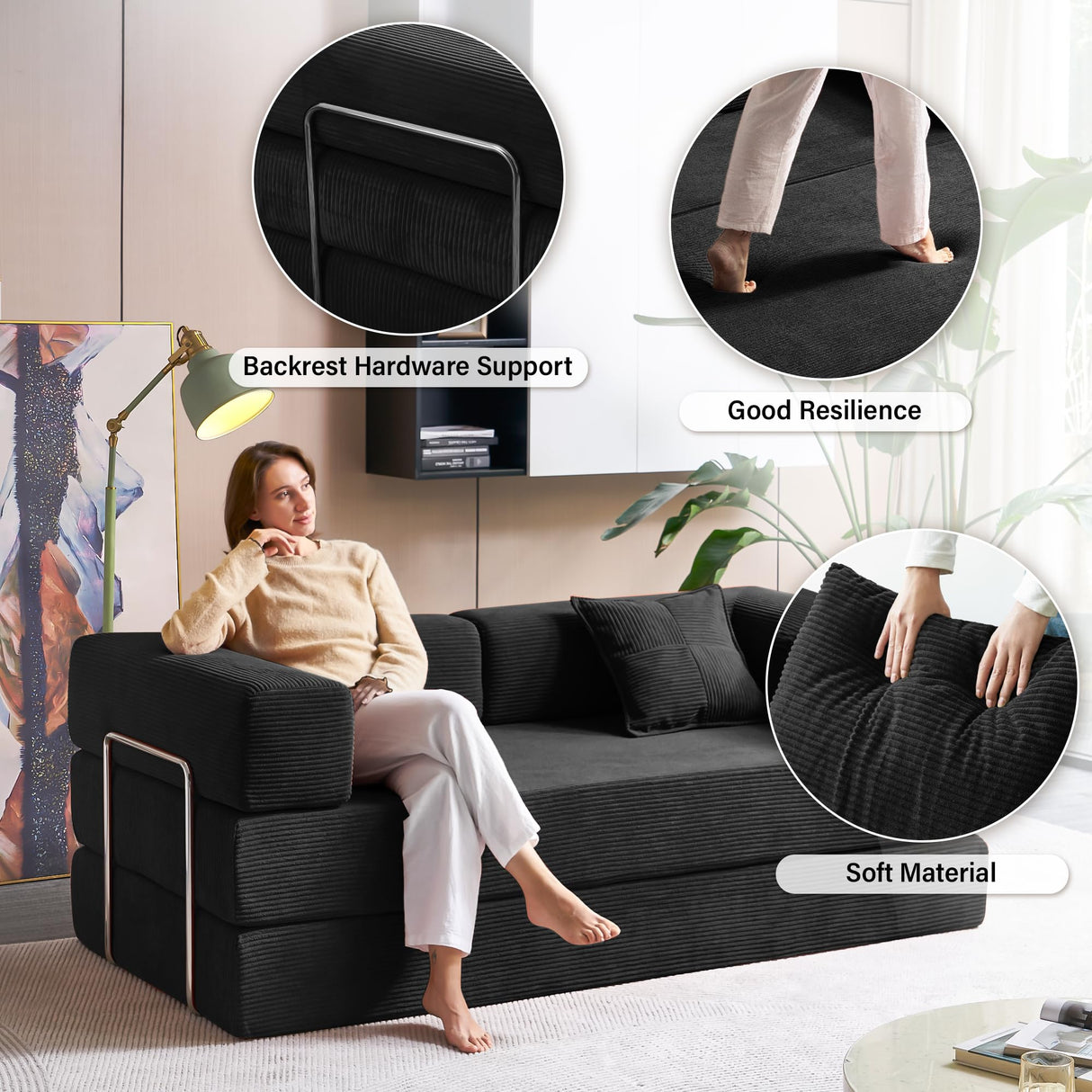 YINIX Foldable Sofa Bed, 81'' Folding Floor Couch, Compressed Convertable Sleeper Sofa, Memory Foam Couch with Pillow Back Support Armrest, 4-in-1 Futon Sofa Bed for Living Room, Black YINIX