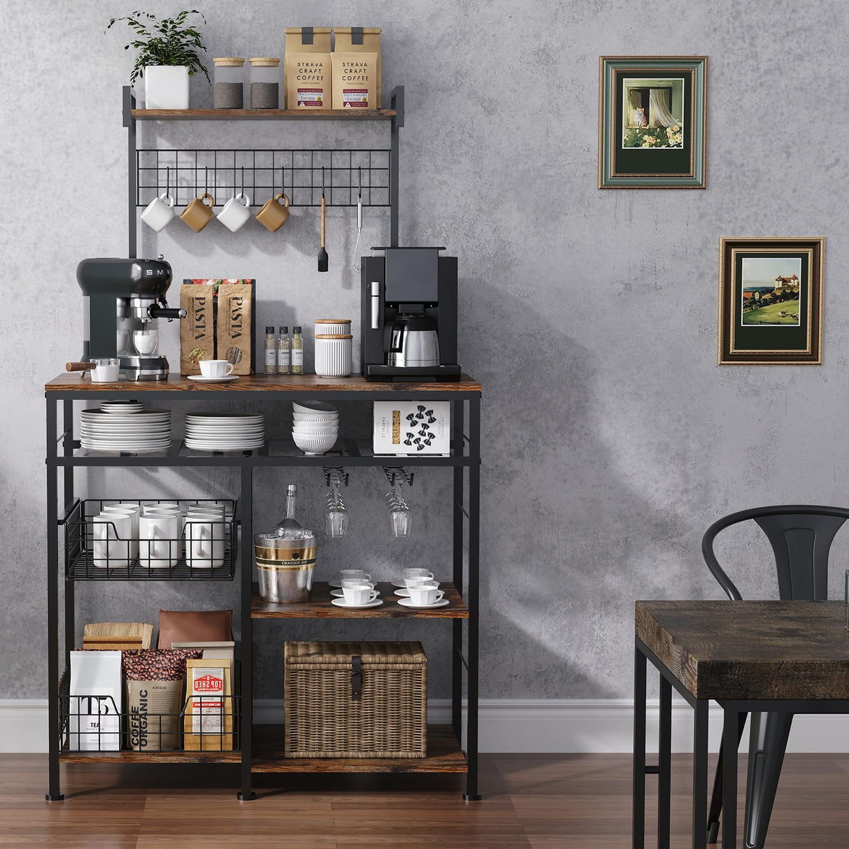 Honkazita Farmhouse Coffee Bar Cabinet - 31" Sideboard Buffet Cabinet with 8 Hooks and Removable Sliding Storage Basket - Ideal for Kitchen& Dining&Living Room - Rustic Brown Honkazita