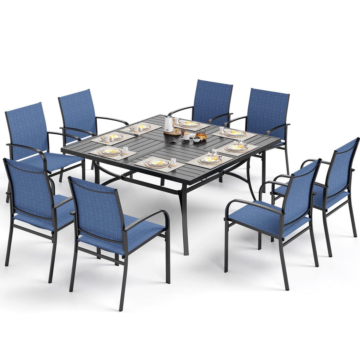 SUNSHINE VALLEY Patio Dining Set for 8, 60" x 60" Square Metal Table with Umbrella Hole, 8 x Stable Dining Chairs, Outdoor Table and Chairs Set for Lawn Backyard and Deck, Blue SUNSHINE VALLEY