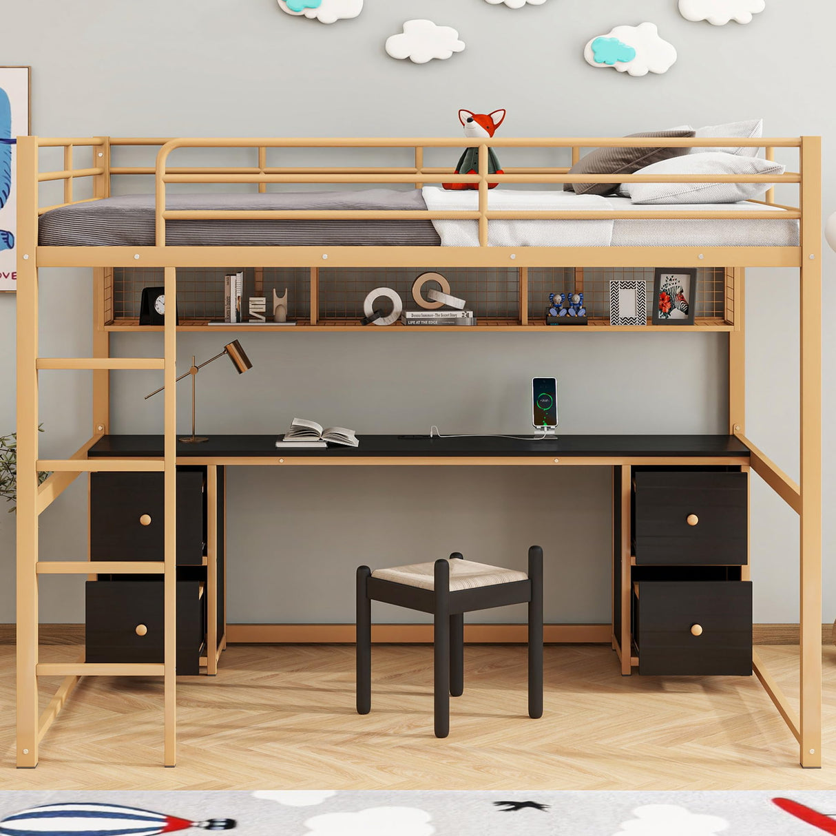 Full Size Loft Bed with Desk and Storage Drawers, Metal Loft Bed with Bookcase and Charging Station, Full Size Loft Bed Frame with Guardrail, Full Loft Bed for Kids, Gold Black Loft Bed Full Bellemave