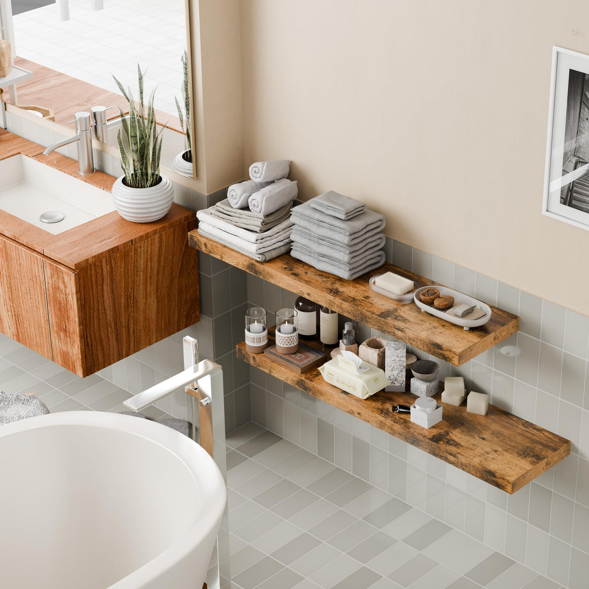 Sumbame 12 Inch Deep Floating Shelves, 48 Inch Fireplace Mantel Set of 2, Rustic Brown Hanging Shelf with Invisible Brackets, Display Shelves Wall Mounted for Bedroom, Kitchen, Office, Living Room Sumbame