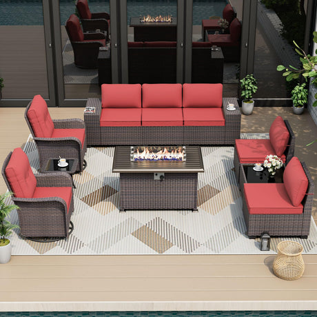 ALAULM 10 Pieces Patio Furniture Set with 2 Swivel Chairs Patio Furniture Outdoor Sectional Sofas with 55000 Gas Fire Pit Patio Conversation Set w/7 Cushions-Red ALAULM
