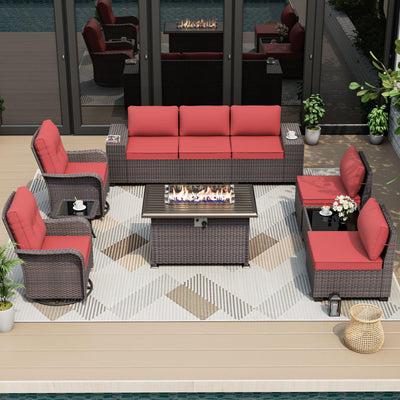 ALAULM 10 Pieces Patio Furniture Set with 2 Swivel Chairs Patio Furniture Outdoor Sectional Sofas with 55000 Gas Fire Pit Patio Conversation Set w/7 Cushions-Red