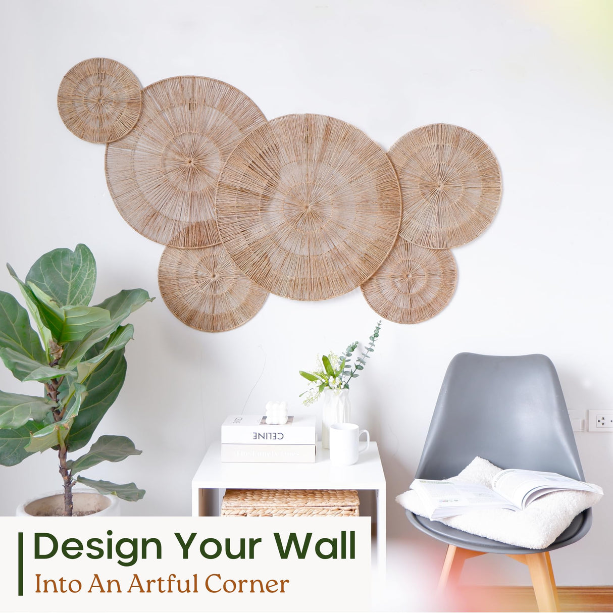 CHI AN HOME Wicker 23 Inch Jute Wall Decor Baskets, Set of 6 Extra Large Woven Jute Wall Plates, 23",21",15",13",12,10", Decorative Baskets for Wall Arts, Wall Hanging for Bedroom, Living Room, Office Chi An Home