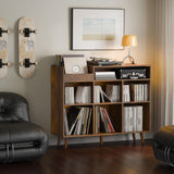 Cozy Castle Large Record Player Stand, Vinyl Storage Cabinet Mid Century Modern Turntable Stand Media Console Table Open Shelf Cube CD Album Holder Organizer for Living Room, Office, Rustic Brown Cozy Castle