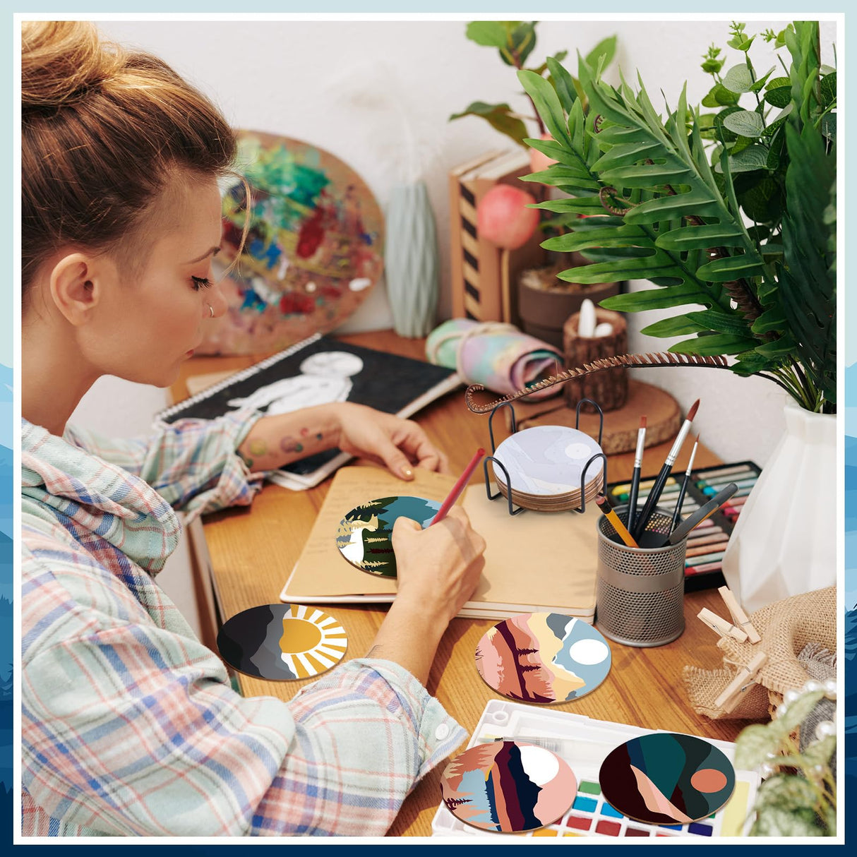 Reallnaive 8 Pcs Mountain Paint by Numbers Kit for Adults Cute Coasters with Holder Mini Paint by Numbers Kits Round Oil Painting Drink Coaster for Small DIY Craft Birthday Gift Reallnaive