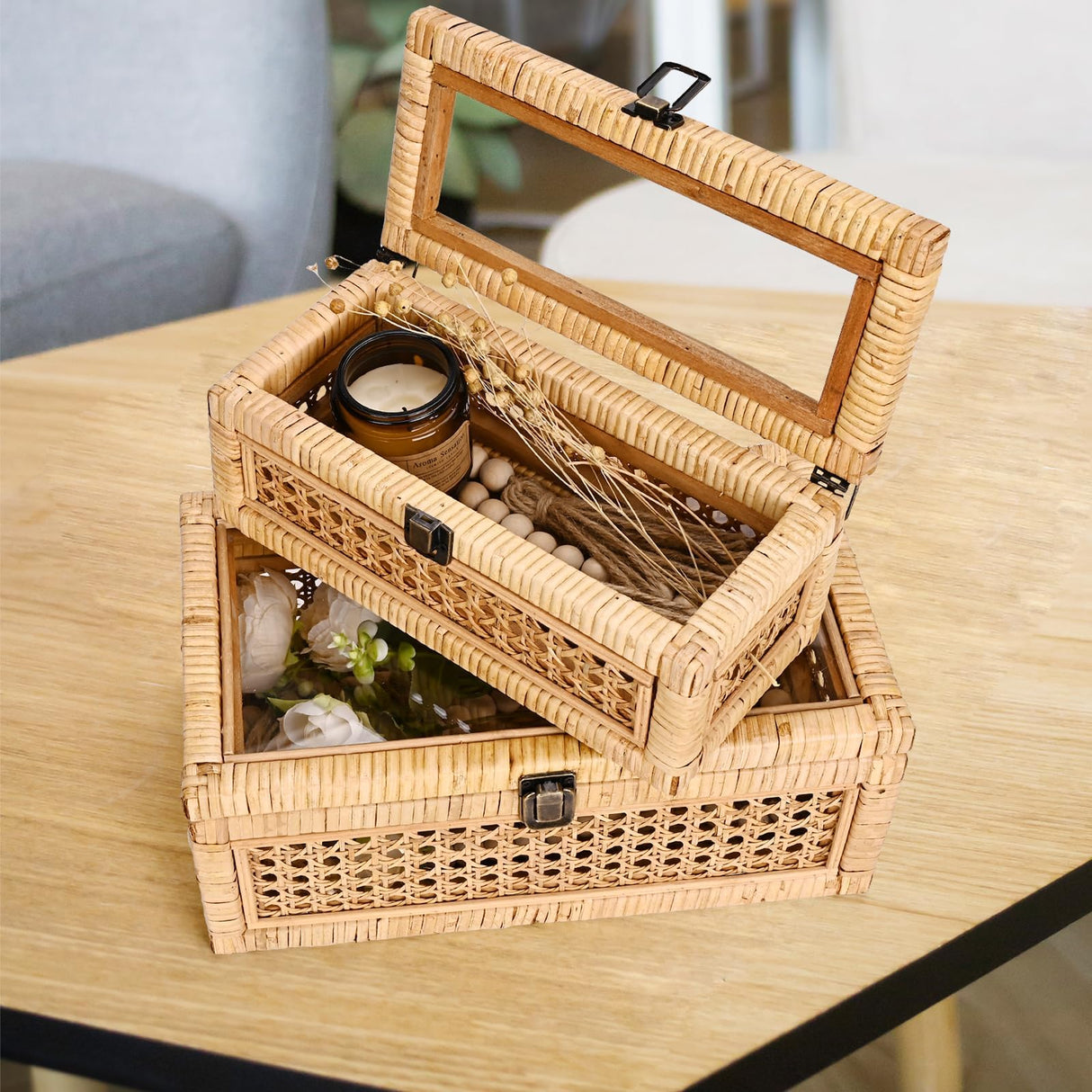 HUAXIN CRAFT H Rattan Decorative Box with Lid, Rectangular Woven with Glass for Display, Set of 2 Wicker for Decor HUAXIN CRAFT H