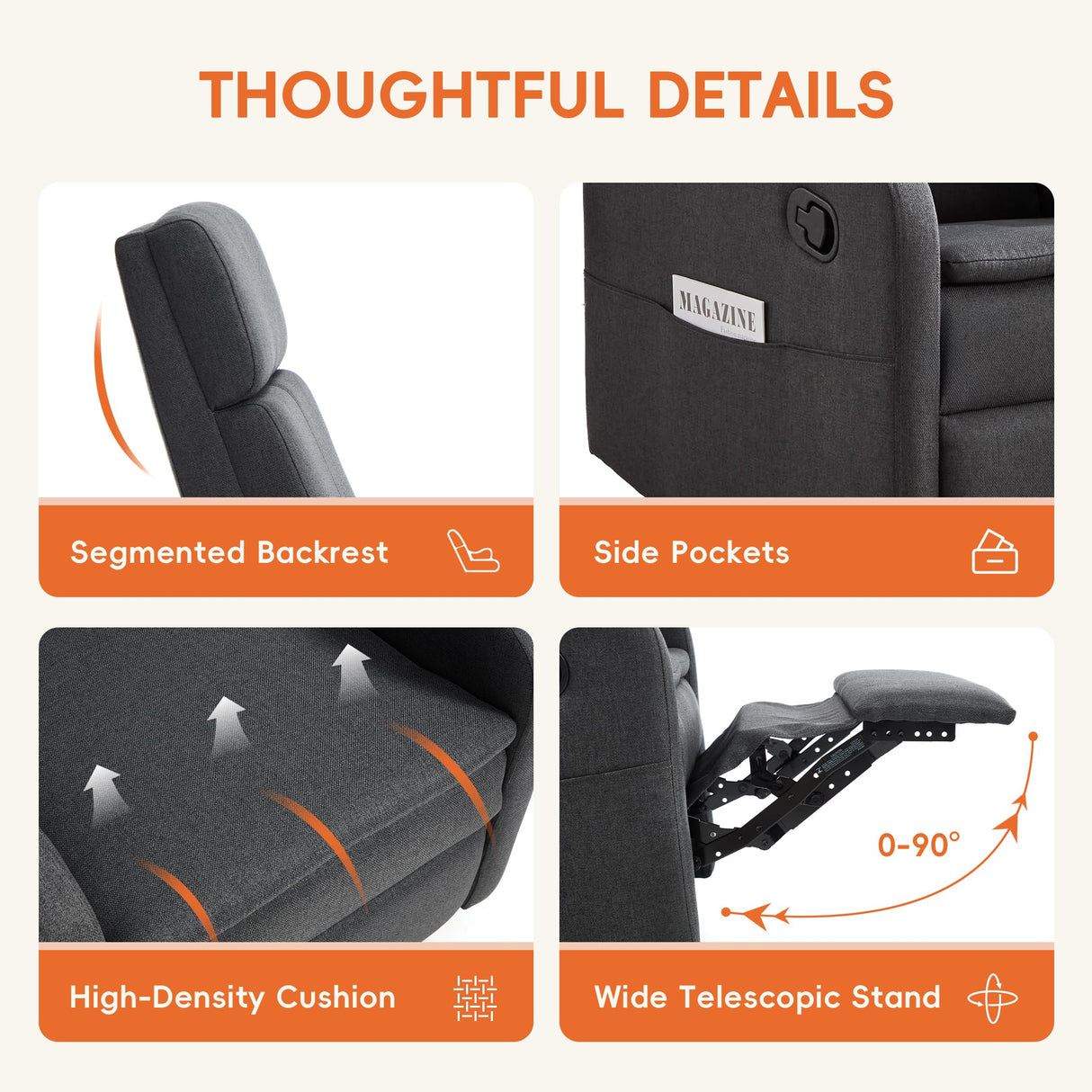 Ketaiyou Swivel Rocking Recliner Chair for Adults, Rocker Nursery Glider Chair for Living Room Bedroom, Upholstered Fabric Reclining Single Sofa Chair(Grey) Ketaiyou