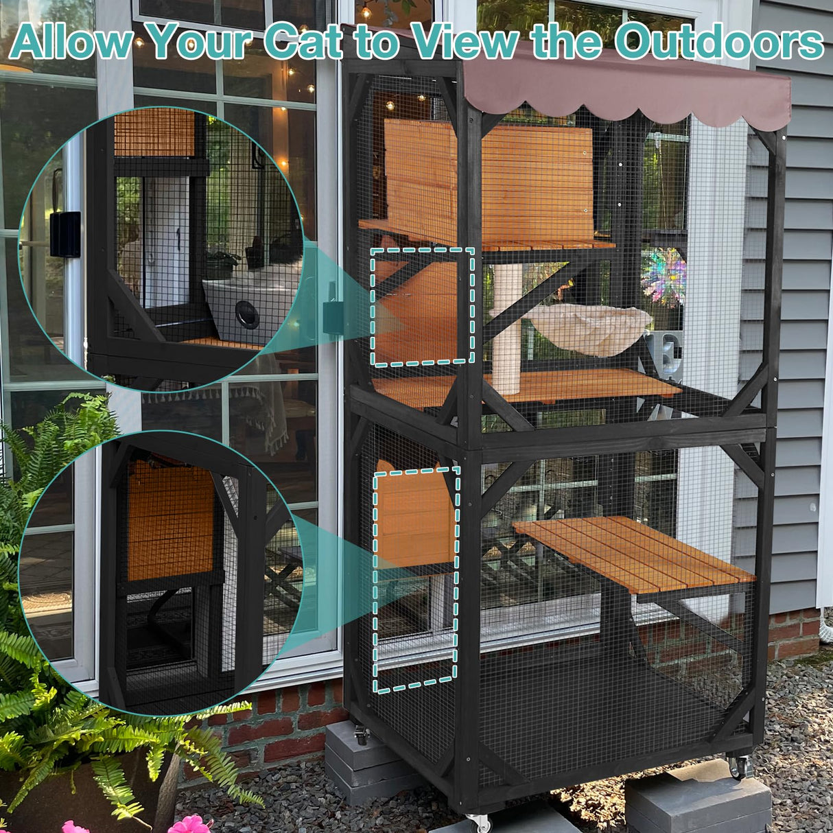 Catio Outdoor Cat Enclosure,Cat House with Wheels,Upgraded cat Scratching Post，Resting Box,Waterproof Roof for Patio Garden (Black, 31.5" L x 31.5" W x 70.9" H) Suumerpety