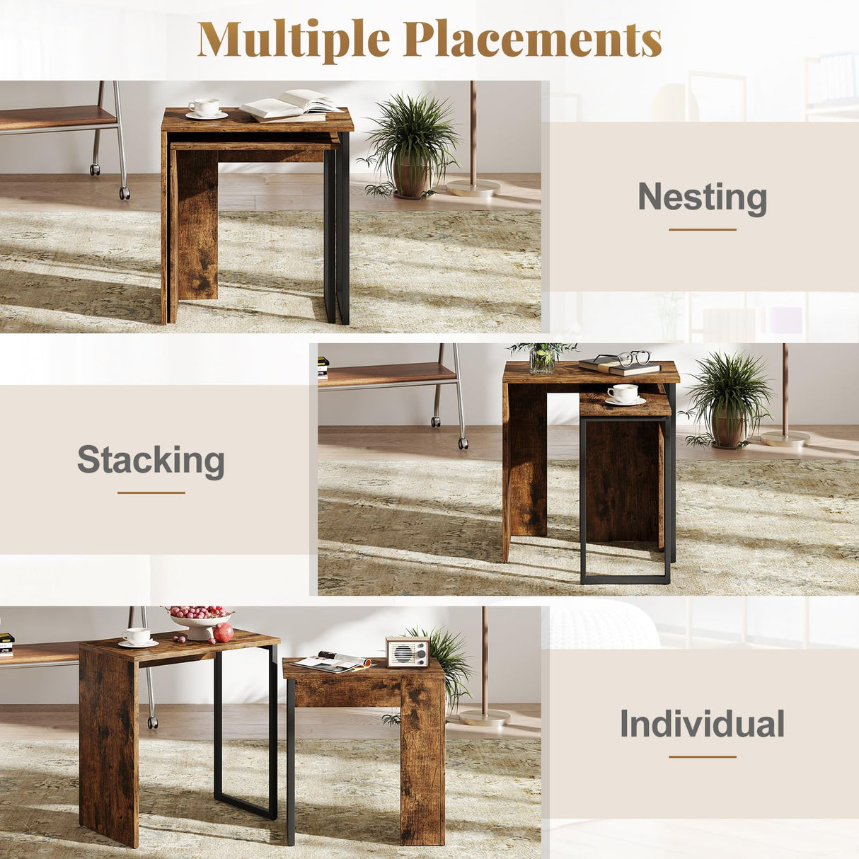 Giantex Nesting Coffee Table Set of 2, Rectangular Stackable Side Tables with Sturdy Metal Frames, Modern Nesting End Tables for Living Room, Bedroom, Rustic Brown Giantex