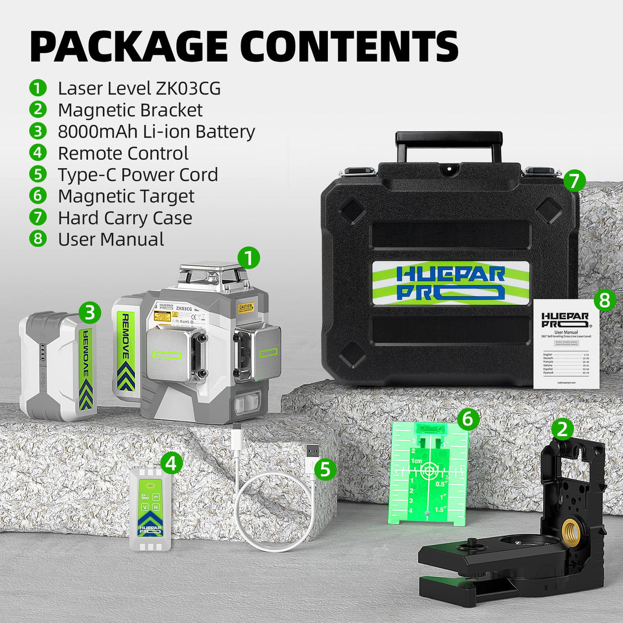 HueparPro Laser Level Self Leveling 3x360° 3D Green Cross Line Laser Level Tool for Construction and Picture Hanging, 8000mAh Rechargeable Battery, Remote Controller, Magnetic Stand & Hard Carry Case Huepar Pro