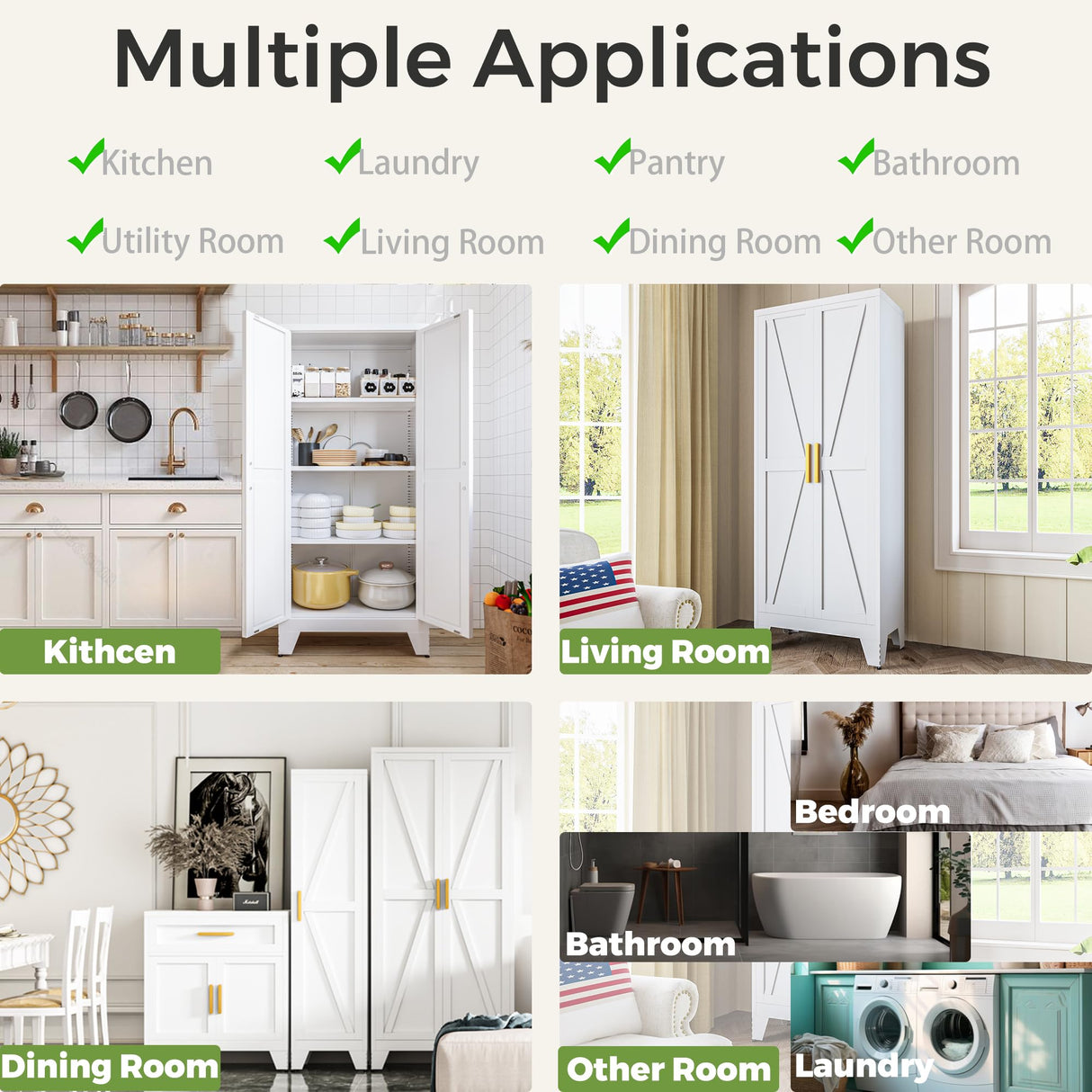 COFaR 4 Tier Metal Farmhouse Storage Cabinet with 2 Barn Door, 3 Adjustable Shelves and Legs, for Dining Room, Kitchen,Pantry,Bathroom, Living Room, Office (White, 61" Farmhouse) COFaR