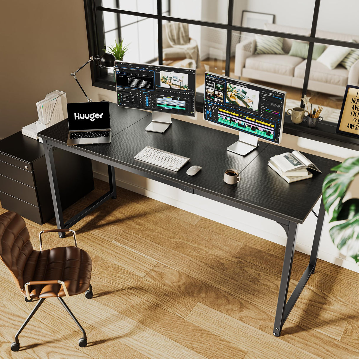 Huuger Modern Simple Office Desk, 63 Inch, Gaming & Writing Desk with Storage, Large Legroom, Metal Frame, Black Huuger