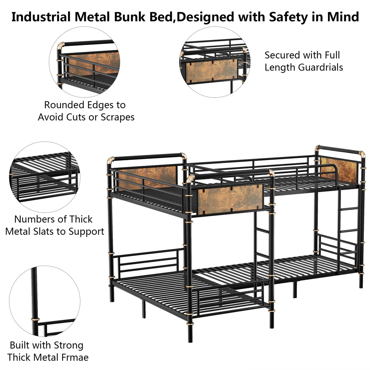 Aoowow Quad Bunk Bed Twin Over Twin,Industrial Bunk Bed for 4,Heavy Duty Bunk Beds for Adults,Boys,Girls,Teens,Vintage Wooden Metal Bunkbed into 3 Beds (Black, Quad Twin Bunk) Aoowow
