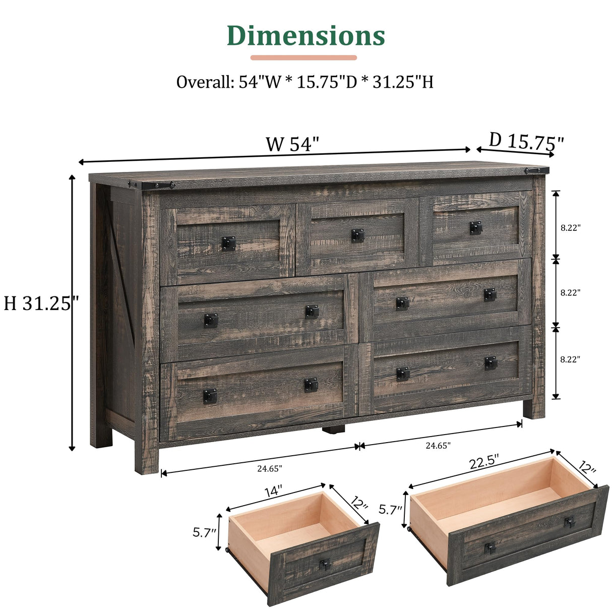 RedLemon Farmhouse 7 Drawer Dresser for Bedroom, 54 Inch Wide Rustic Wood Dresser TV Stand, Dresser Chest of Drawers for Closet, Living Room, Hallway, Dark Rustic Oak RedLemon