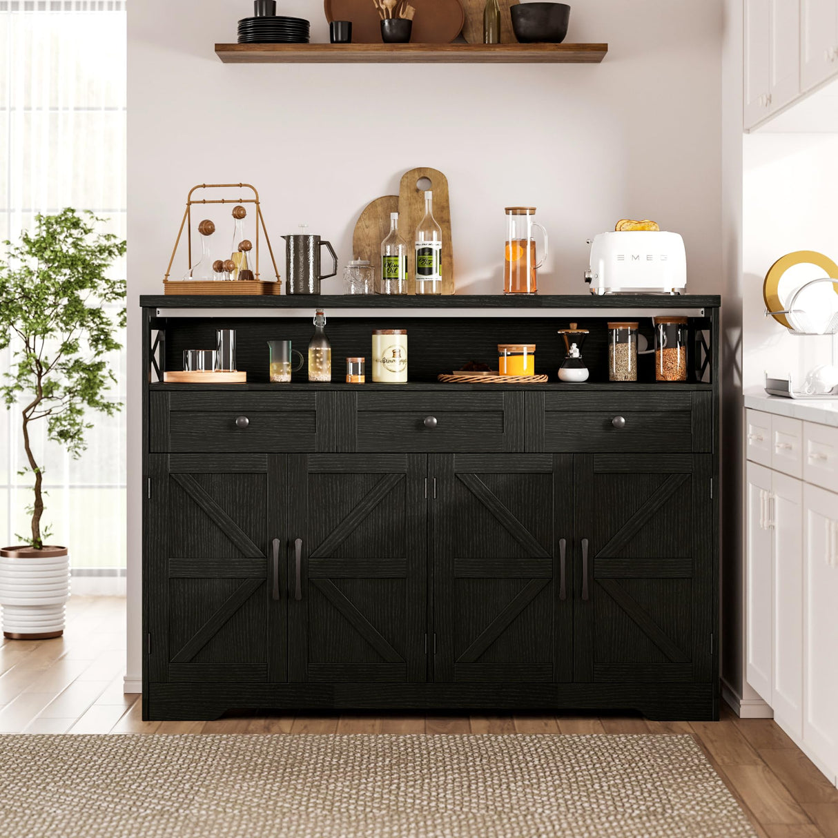 Befrases 51" L Modern Farmhouse Sideboard Buffet Cabinet, Black Storage Cabinet with Drawers & Shelves, Kitchen Pantry Hutch Cabinet, Coffee Bar Station Table for Living Room, Dining Room, Entryway Befrases