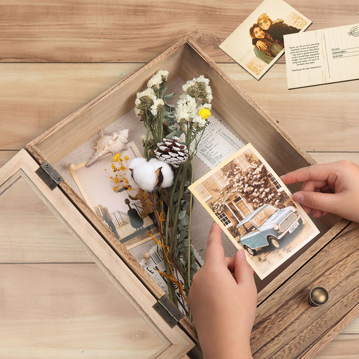 Butizone Shadow Box Frame, 3.2" Deep Shadow Box Display Case with Real Glass and Drawer, Rustic Wood Memory Box for Pictures, Flowers, Memorial, Medals, Wedding Bouquet for Wall or Tabletop, Brown Butizone