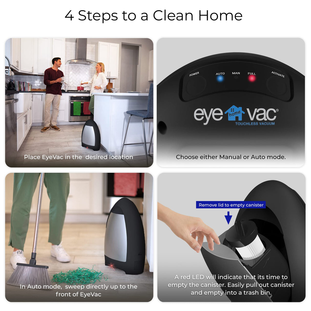 EyeVac Home Touchless Vacuum Automatic Dustpan - Great for Sweeping Pet Hair Food Dirt Kitchen - Fast & Powerful, Corded Canister Vacuum, Bagless, Automatic Sensors, 1000 Watt (Matte Black) EYE-VAC