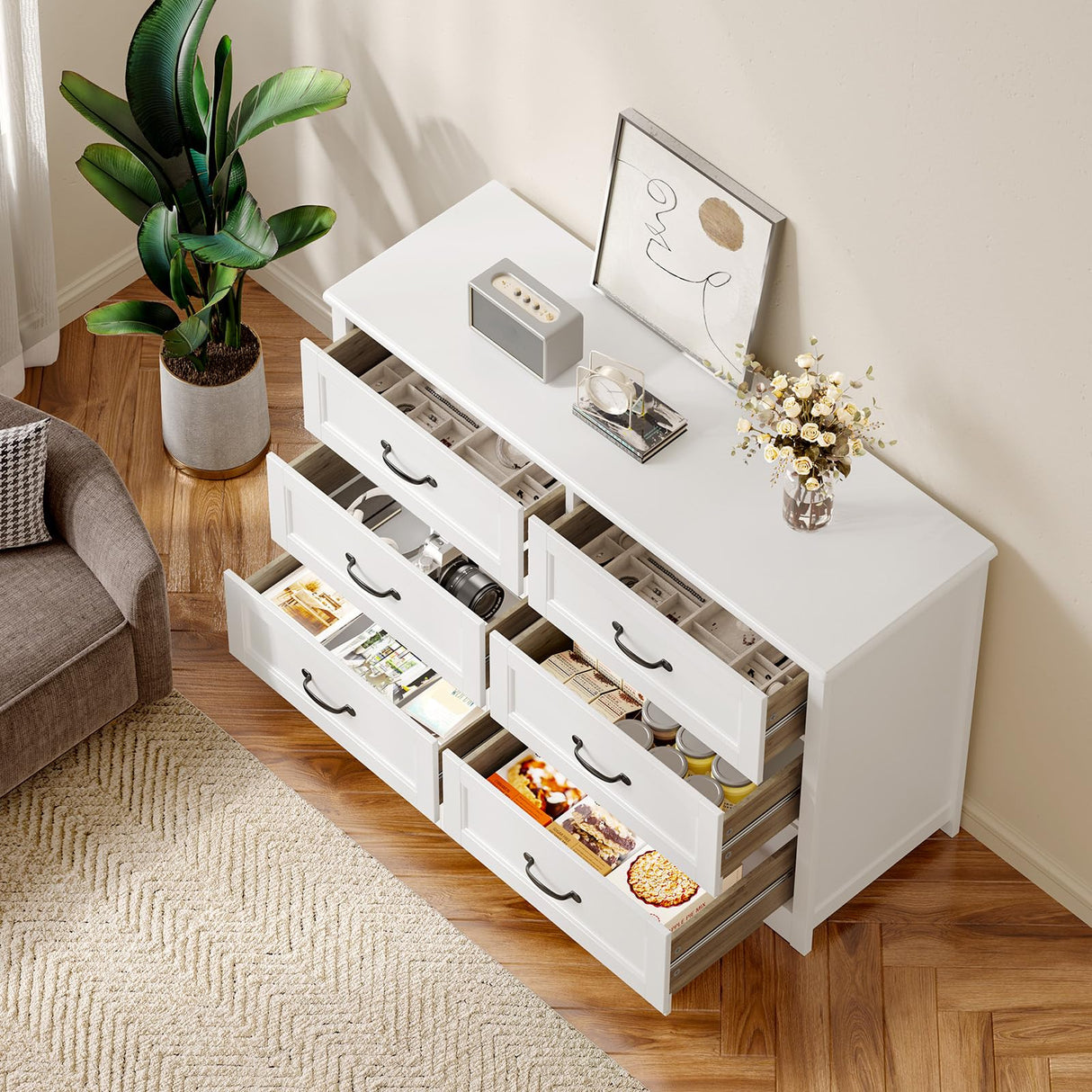 Gizoon 6 Drawer Dresser for Bedroom，47'' Larger Chest of Drawers with Mental Handle for Kids Room, White Dresser with 6 Storage Drawers for Living Room, Entryway and Hallway, White Gizoon