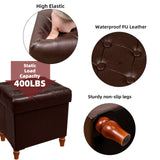 CAROLMADE Folding Storage Ottoman Cube PU Leather Footstool with Wood Legs Ottoman Footrest for Living Room and Bedroom Brown, 15x12.6 x 15.4” CAROLMADE
