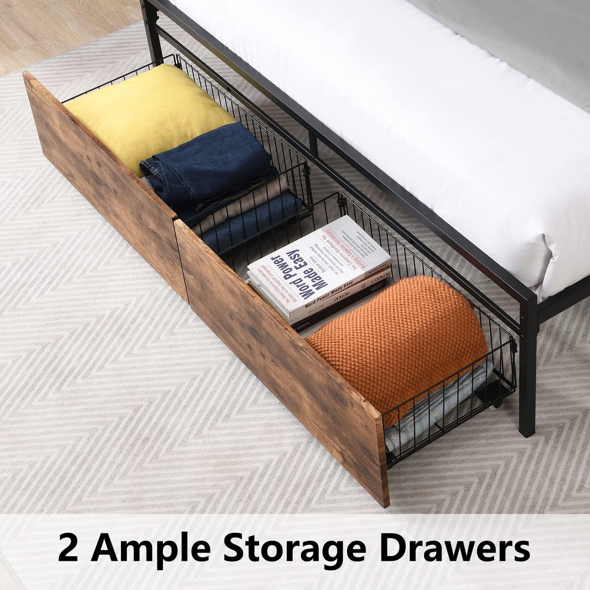 XKLOGER Queen Bed Frame with Headboard, Metal Platform Bed Frame with Charging Station & 2 Storage Drawers, Easy Assembly/Noise-Free/No Box Spring Needed/Brown XKLOGER