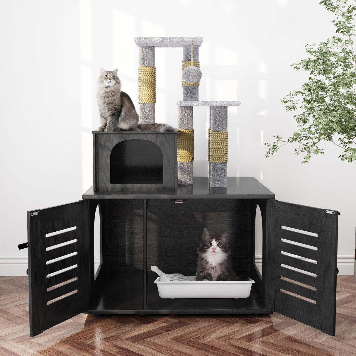 DKLGG Large Wooden Cat Tree House with Hidden Litter Box Enclosure | Multi-Functional Cat Furniture Featuring Sisal Scratching Post, Plush Perch Platform & Divided Condo for Indoor Cats (Black) DKLGG