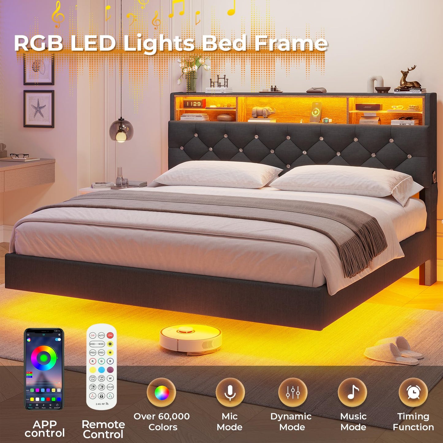 BTHFST Dark Grey Floating Bed Frame with LED Lights, Charging Station, and Hidden Storage - Queen Size - WoodArtSupply