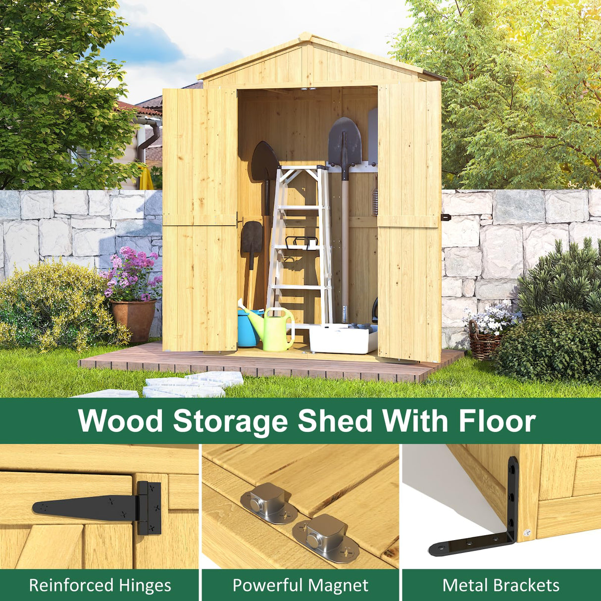 IWDOO Outdoor Storage Shed, 76'' Outdoor Shed Storage Cabinet, Garden Shed, Wood Tool Shed with Lockable Doors and Floor, Waterproof Roof for Yard, Patio, Deck, Porch, Lawn IWDOO