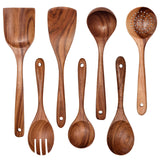 Wooden Non-Stick Kitchen Pan Toolset 7 Pieces Set,100% Natural Teak Kitchen Utensils Spatula, Wooden Cooking Utensils Spoons, Fried Spatula and Salad Fork YYLTJR