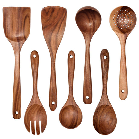 Wooden Non-Stick Kitchen Pan Toolset 7 Pieces Set,100% Natural Teak Kitchen Utensils Spatula, Wooden Cooking Utensils Spoons, Fried Spatula and Salad Fork YYLTJR