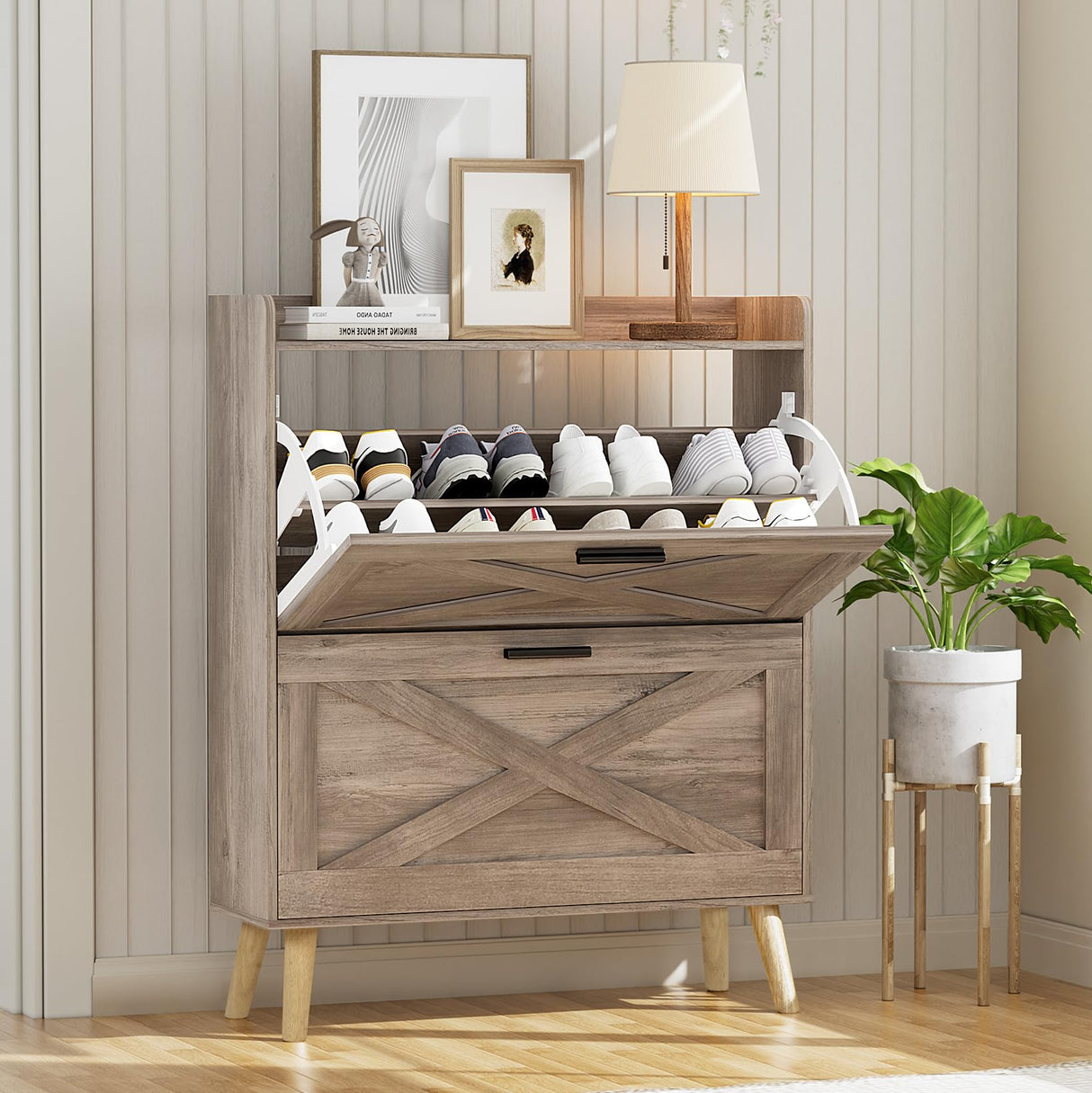 Homleke 32" W Farmhouse Shoe Storage Cabinet with 2 Flip Drawers and Barn Door Design, Adjustable Shelves, Modern Hidden Slim Narrow Shoe Rack Cabinet for Entryway, Foyer, Hallway, Living Room,Greige Homleke