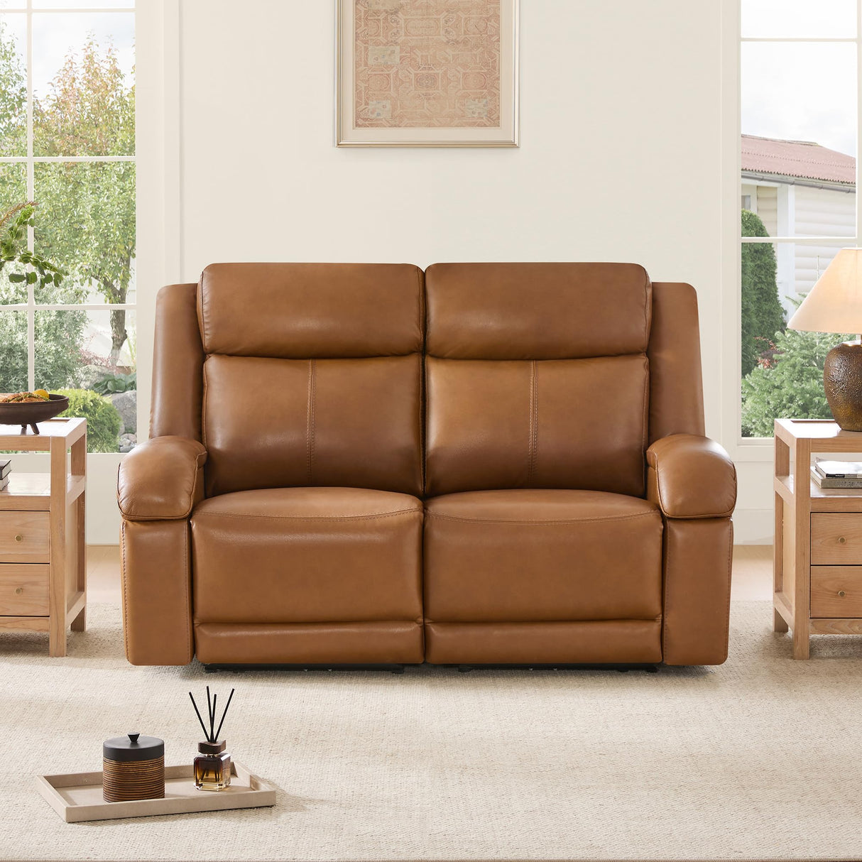 Watson & Whitely Genuine Leather Power Loveseat Recliner Sofa, 2 Seat Wall Hugger Reclining Sofa with Power Headrest & Charging Ports, Dual Recliner Sofas for Living Room, RV, Saddle Brown Watson & Whitely