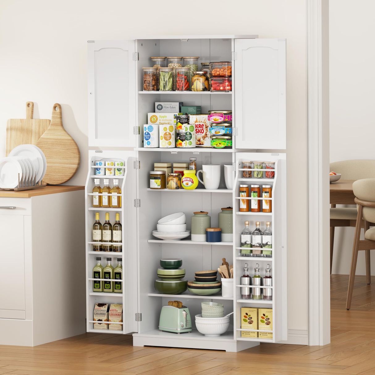 Yusong 64'' Kitchen Storage Cabinet, Tall Pantry Storage Cabinet with Doors and Shelves, Food Free Standing Pantry for Kitchen Dining Living Room, White Yusong