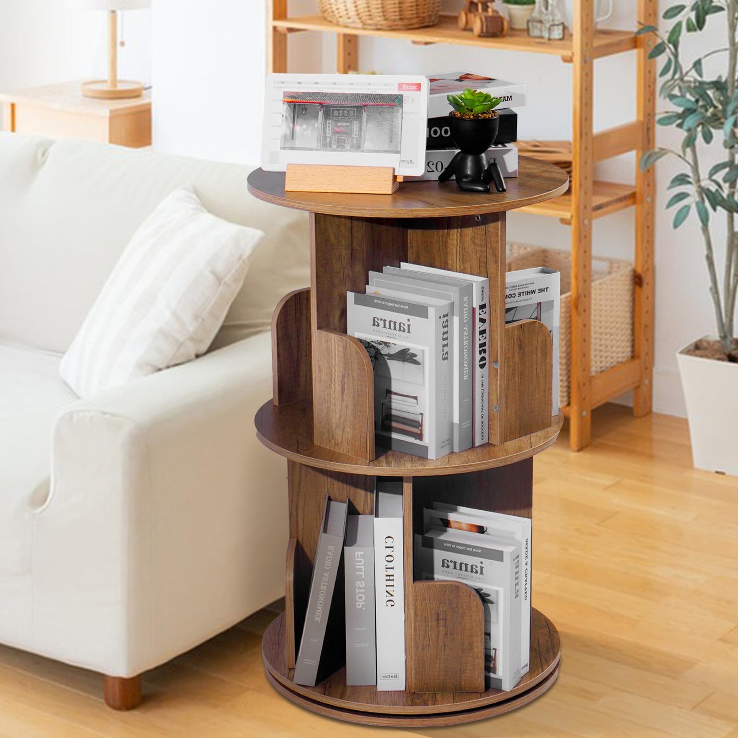 uyoyous 360° Rotating 2-Tier Solid Wood Bookshelf Tower for Small Spaces - Brown - WoodArtSupply