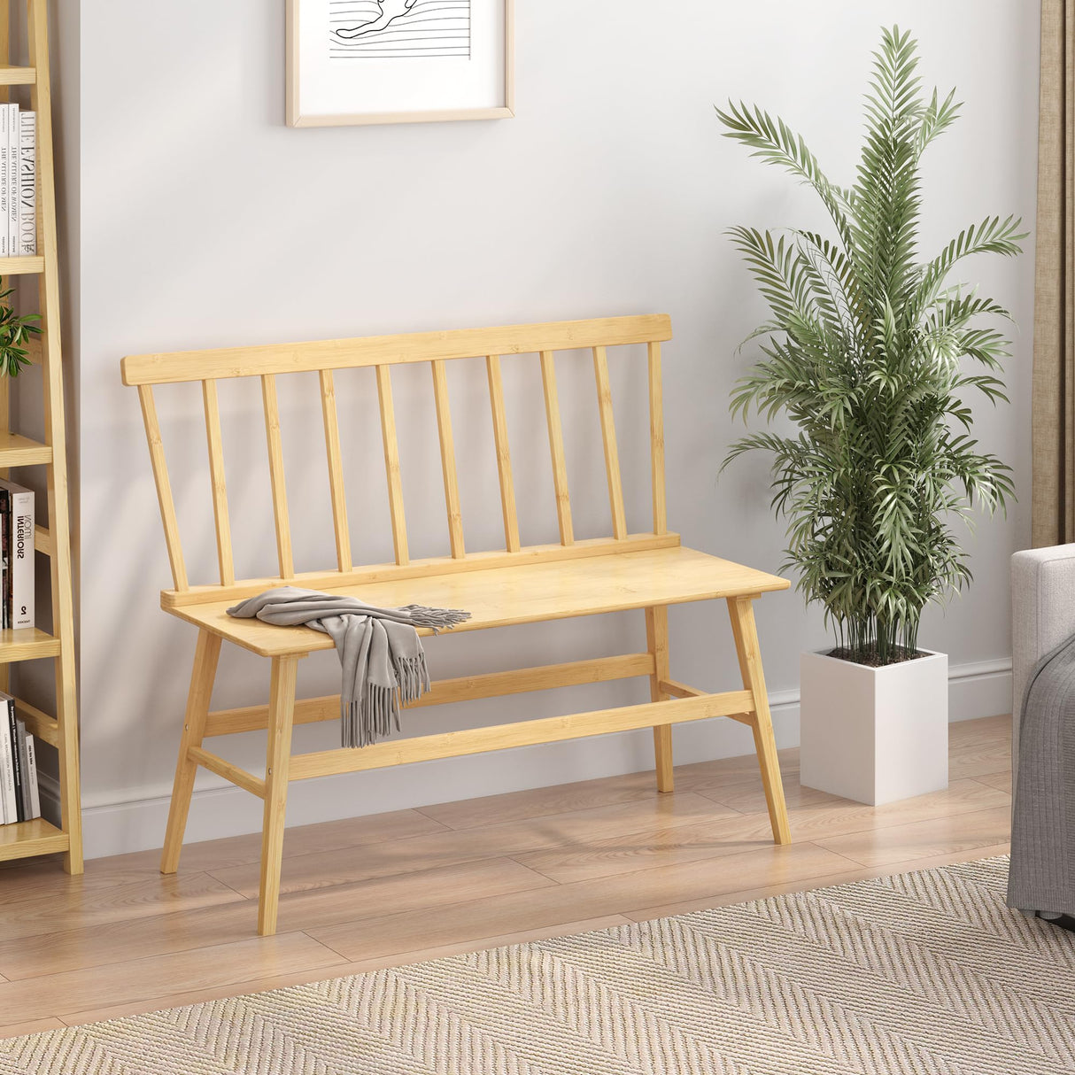 Wisuce Essentials Bamboo Dining Bench, Black Entryway Bench with Spindle Back Farmhouse Wood Windsor for Foyer Balcony Living Room (Nature) (Nature) Wisuce Essentials