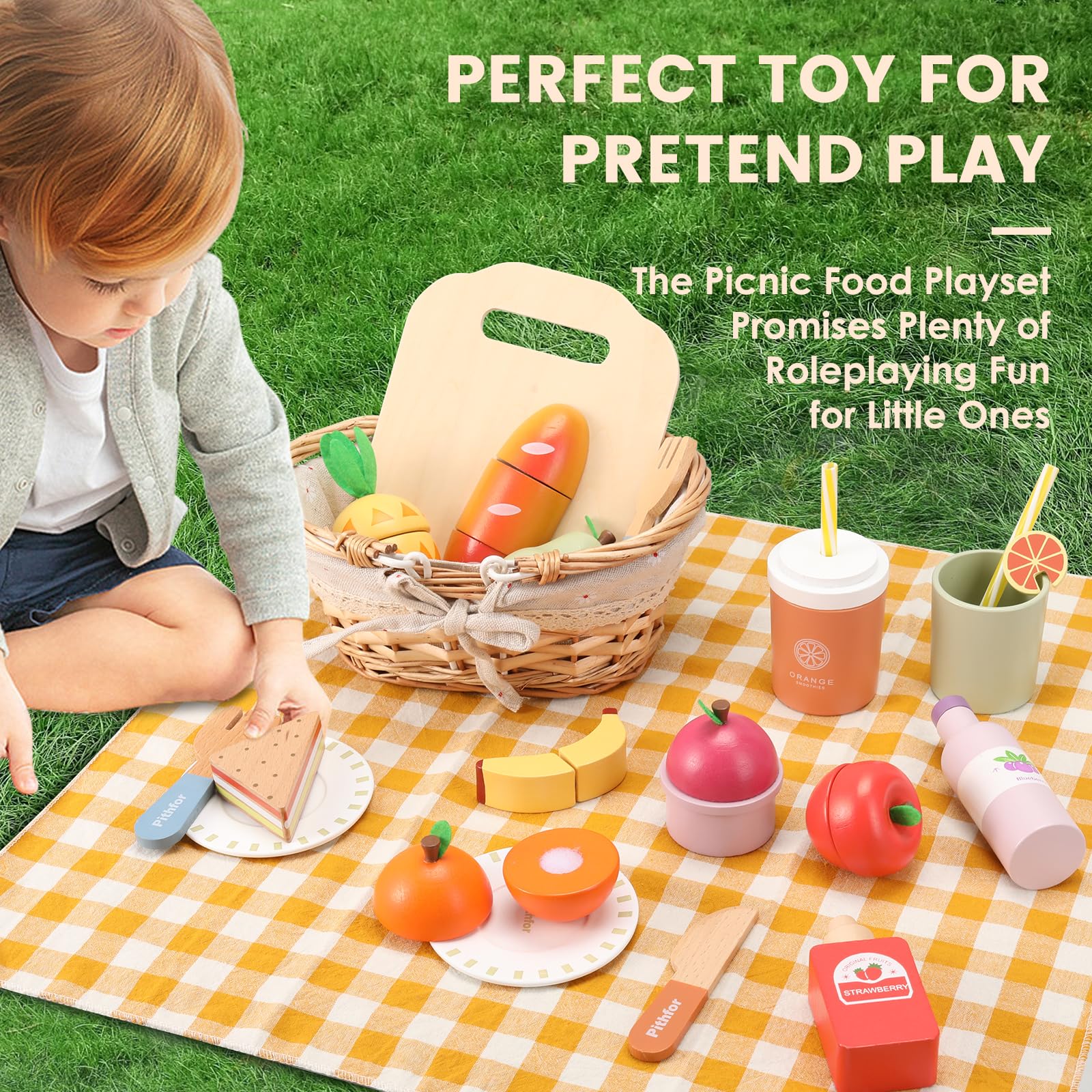 Pithfor Picnic Playset, Wooden Play Food Set for Kids Kitchen, Cutting Pretend Play Kitchen Food Toy for Toddlers Girls Boys 1 2 3 4 5 Years Old - WoodArtSupply