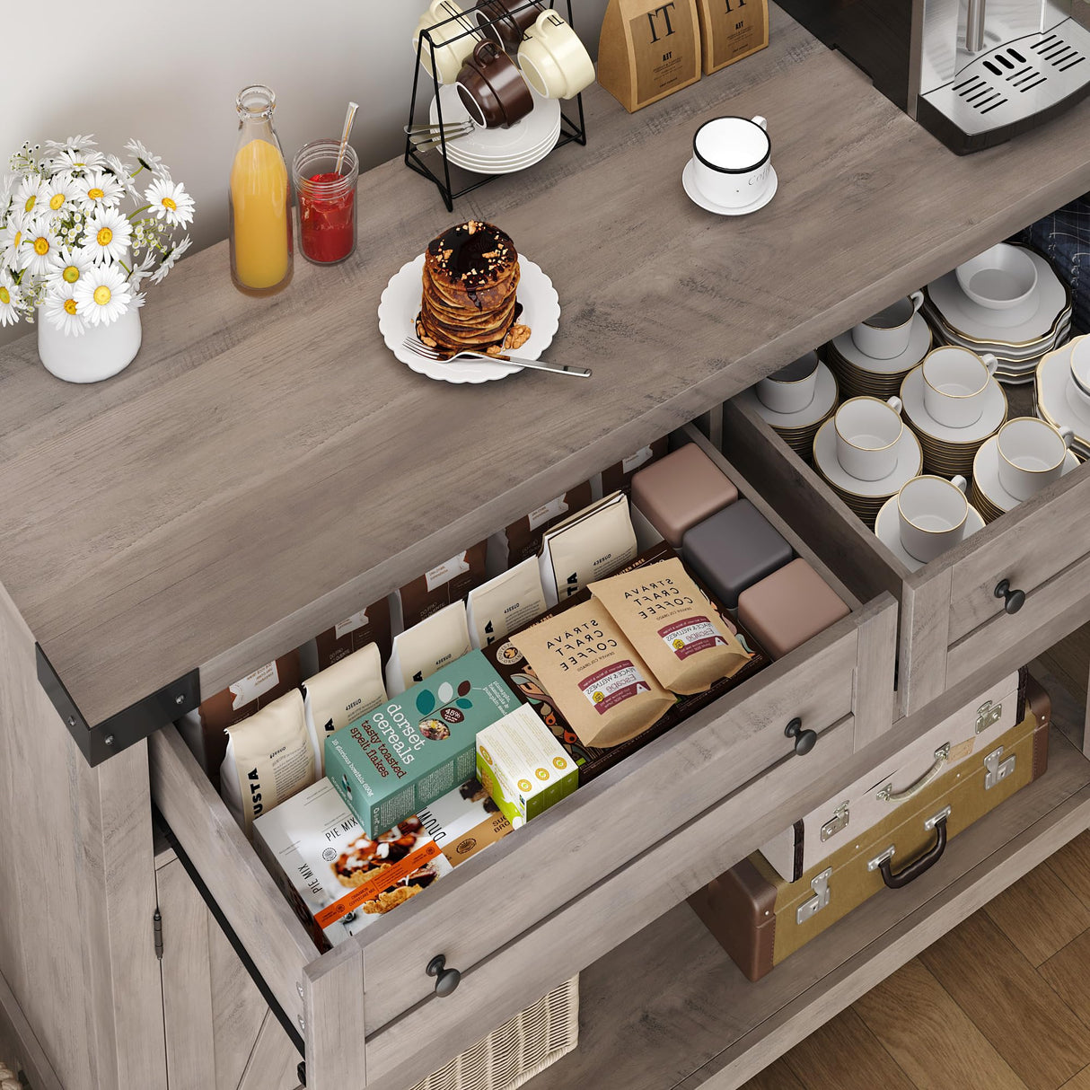 HOSTACK Buffet Sideboard Cabinet with Storage, 47.2" Modern Farmhouse Coffee Bar with 2 Drawers, Barn Doors Console Table with Shelf for Kitchen, Dining Room, Living Room, Entryway (Ash Grey) HOSTACK