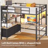 Dnxao Full Loft Bed with Desk and 5 Storage Drawers, Loft Bed Full Size with Desk,1 Bedside Organizer,Removable Ladder,LED Lights and Charging Station,Clothes Rail,Safety Guard,Oak Gray Dnxao