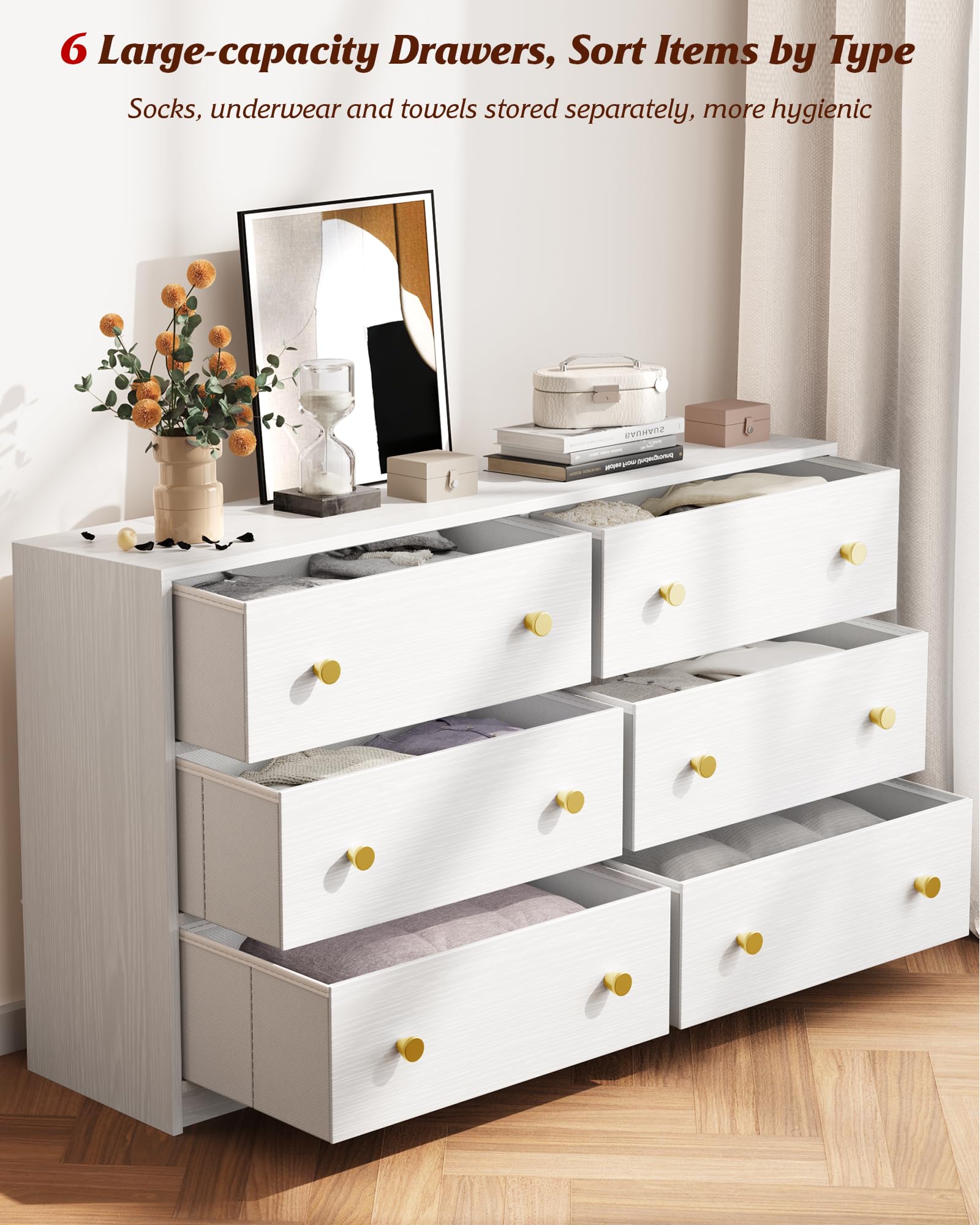 Nicehill Dresser for Bedroom with 6 Drawers, Fabric Storage Tower, Dresser & Chest of Drawers Organizer, Storage Cabinet for Hallway, Closets, Living Room,White Dresser Wooden（White） - WoodArtSupply