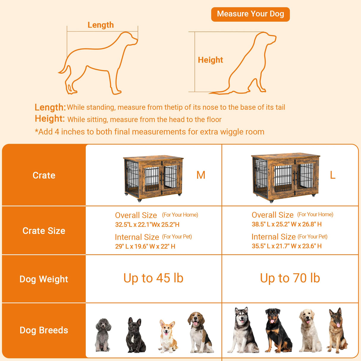 Lulive Dog Crate Furniture, Dog Kennel Indoor Double Doors Wooden Dog Cage, 33'' Heavy Duty Dog Crate with Cushion & Wheels, Decorative End Table Pet House Chew-Resistant for Medium/Small Dog, Brown Lulive