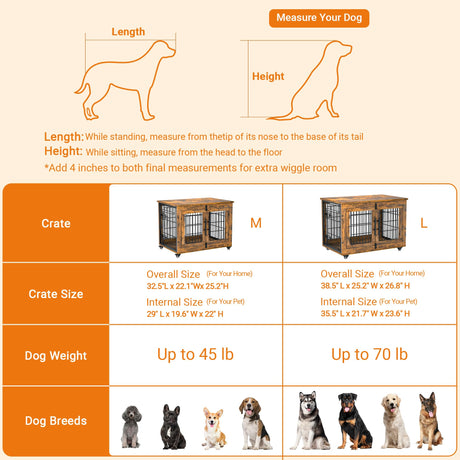Lulive Dog Crate Furniture, Dog Kennel Indoor Double Doors Wooden Dog Cage, 33'' Heavy Duty Dog Crate with Cushion & Wheels, Decorative End Table Pet House Chew-Resistant for Medium/Small Dog, Brown Lulive