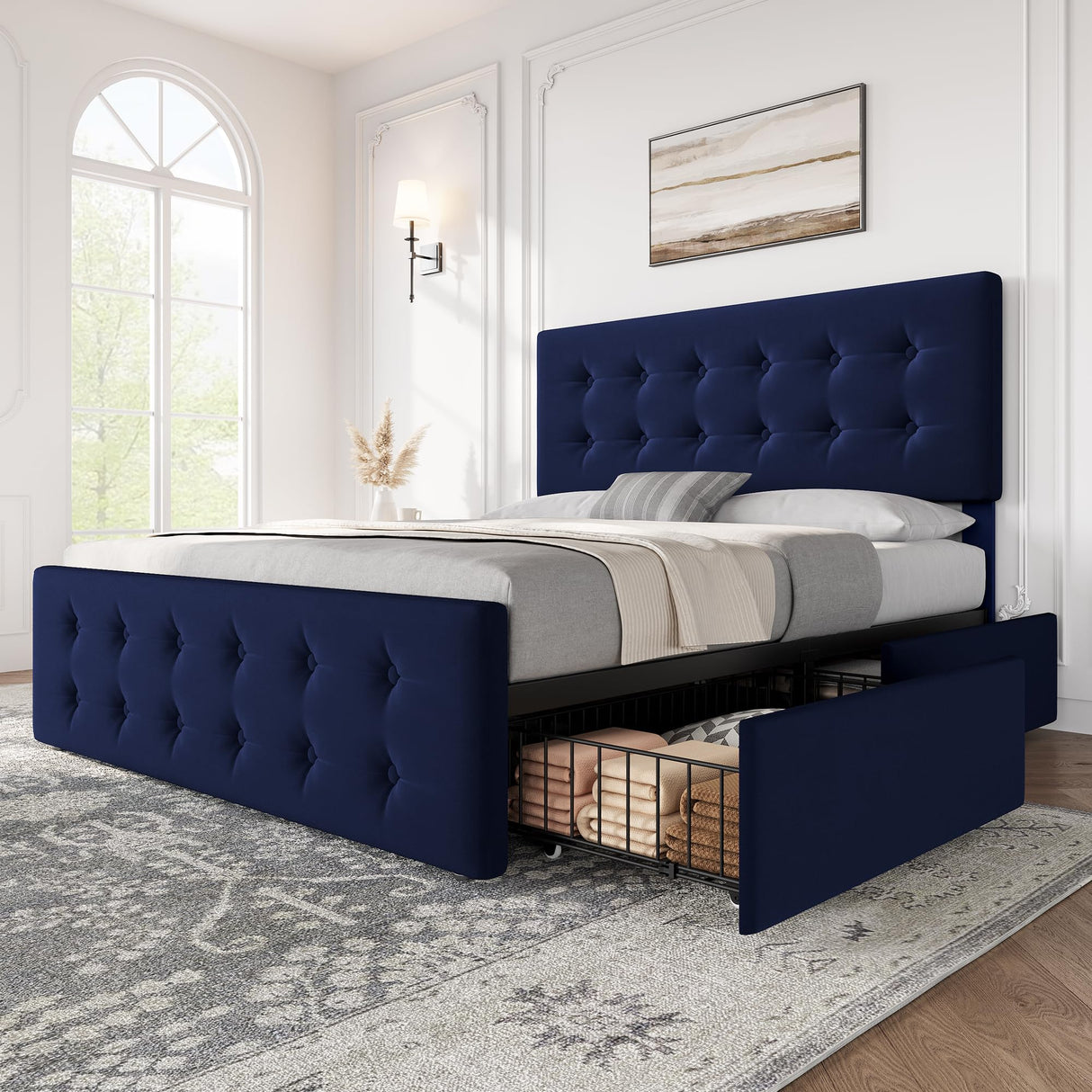 IDEALHOUSE Queen Size Bed Frame with 4 Storage Drawers and Headboard, Velvet Upholstered Platform Bed Frame with Wooden Slats Support, Button Tufted Design, No Box Spring Needed, Blue IDEALHOUSE