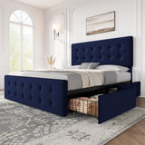 IDEALHOUSE Queen Size Bed Frame with 4 Storage Drawers and Headboard, Velvet Upholstered Platform Bed Frame with Wooden Slats Support, Button Tufted Design, No Box Spring Needed, Blue IDEALHOUSE