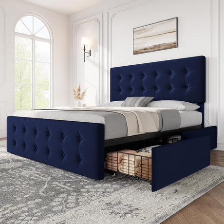 IDEALHOUSE Queen Size Bed Frame with 4 Storage Drawers and Headboard, Velvet Upholstered Platform Bed Frame with Wooden Slats Support, Button Tufted Design, No Box Spring Needed, Blue IDEALHOUSE